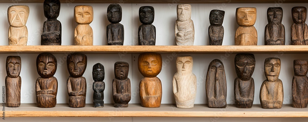 A collection of wooden figurines displayed on a shelf, showcasing various sizes, styles, and colors, reflecting artistic craftsmanship and cultural significance. A collection of wooden figurines displayed on a shelf, showcasing various sizes, styles, and colors, reflecting artistic craftsmanship and cultural significance.