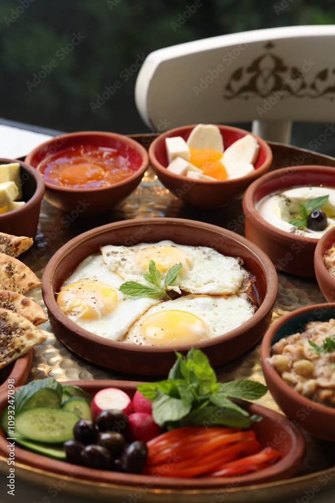A traditional Lebanese breakfast spread featuring fried eggs, zaatar, hummus, labneh, butter, apricot jam, fresh vegetables, olives, and Lebanese bread, beautifully arranged on a rustic tray. A traditional Lebanese breakfast spread featuring fried eggs, zaatar, hummus, labneh, butter, apricot jam, fresh vegetables, olives, and Lebanese bread, beautifully arranged on a rustic tray.