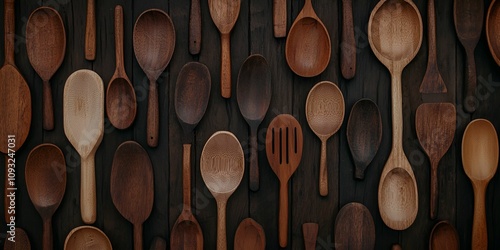 A collection of various wooden spoons displayed against a dark background, showcasing different shapes and sizes, emphasizing craftsmanship and natural materials.