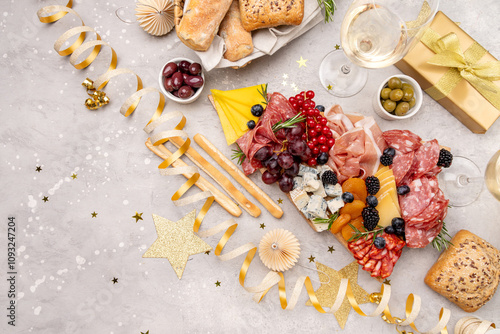 Party charcuterie board italian food antipasti prosciutto ham, salami and cheese appetizers served in the shape of a Christmas tree. party food for New Year's Eve, Christmas or birthday