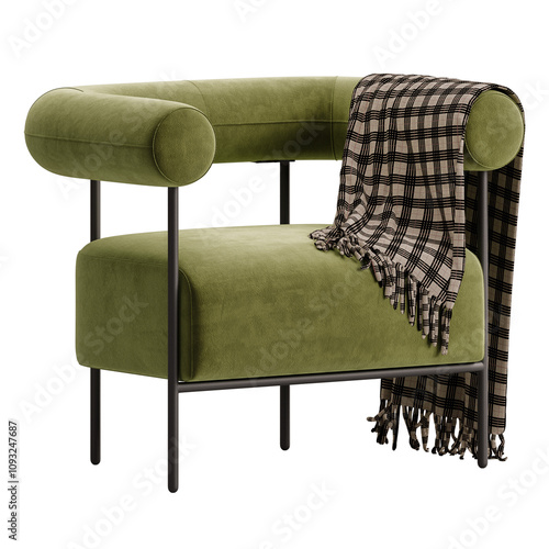 A green chair with a plaid blanket draped over it