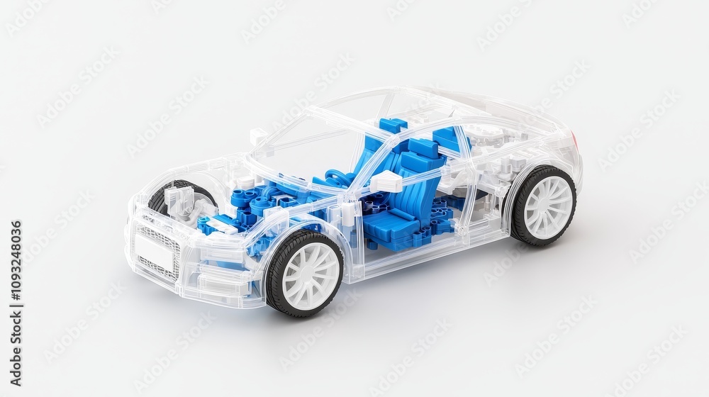 Transparent model of a car showing internal components. Transparent model of a car showing internal components.