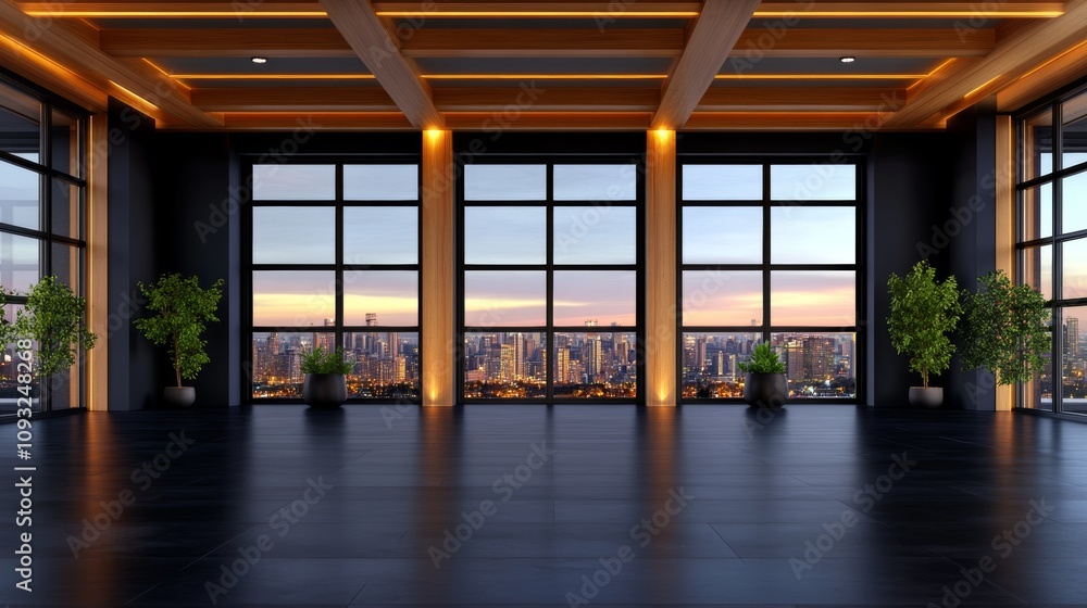 Modern minimalist apartment with large windows offering a stunning city view at sunset. Dark wood accents and plants add warmth to the space. Modern minimalist apartment with large windows offering a stunning city view at sunset. Dark wood accents and plants add warmth to the space.