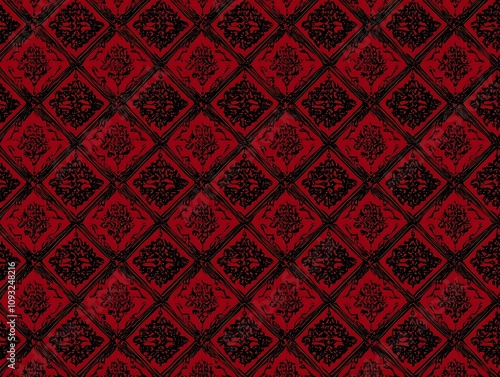 Elegant Thai Pottery Inspired Pattern Background with Repeating Motifs in Red and Black