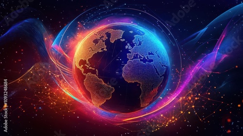 A stunning digital representation of Earth surrounded by vibrant, colorful waves and cosmic elements, symbolizing global connectivity and innovation.