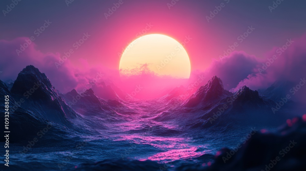 Synthwave Sunset over Misty Mountains Synthwave Sunset over Misty Mountains
