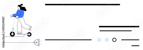 Person on an electric scooter connected to a long charging cable with blue dots and black lines. Ideal for sustainability, urban mobility, green energy, technology, eco-friendly transport, smart