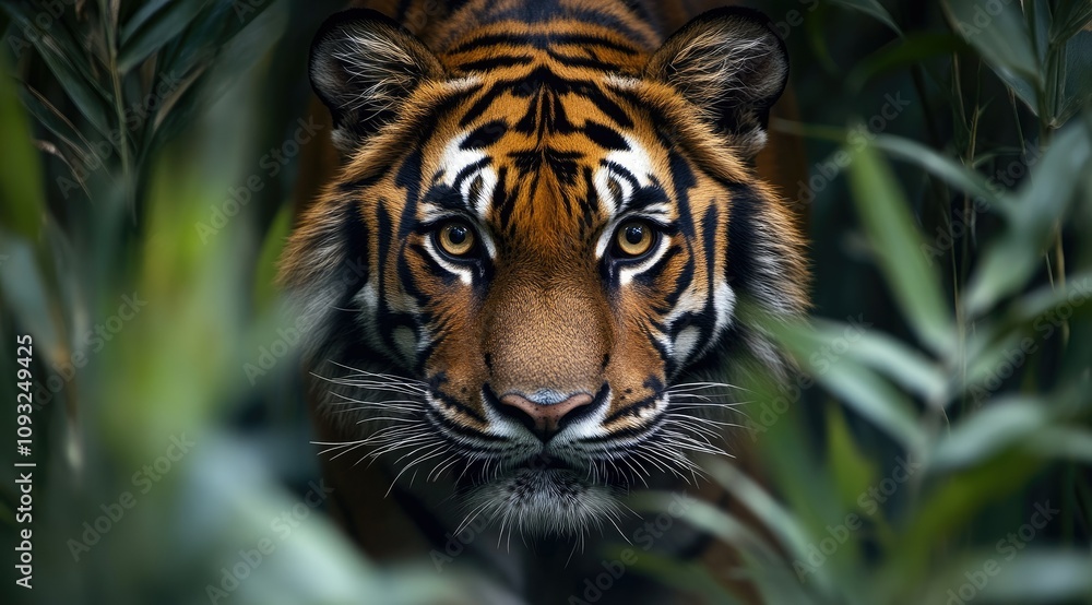 A close-up of a tiger emerging from dense foliage, showcasing its striking features and gaze. A close-up of a tiger emerging from dense foliage, showcasing its striking features and gaze.