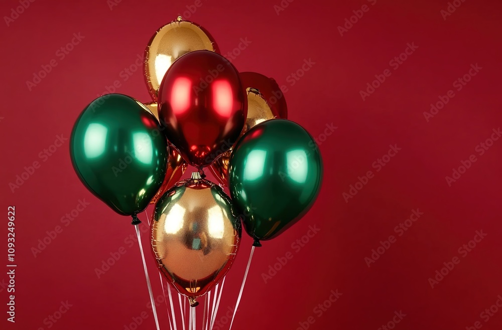 A bouquet of metallic red, green, and gold balloons against a vibrant crimson background for a Christmas celebration A bouquet of metallic red, green, and gold balloons against a vibrant crimson background for a Christmas celebration