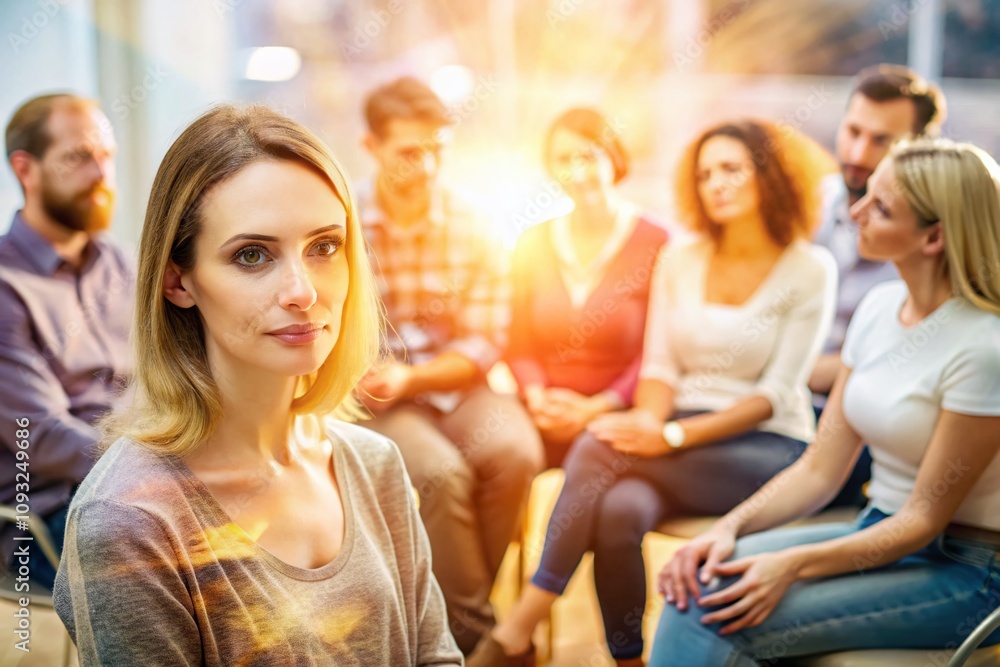 Fototapeta premium Portrait of a woman overlaid with a diverse group of people in a circle during a group therapy session, capturing the essence of connection, support, and healing in a therapeutic environment.