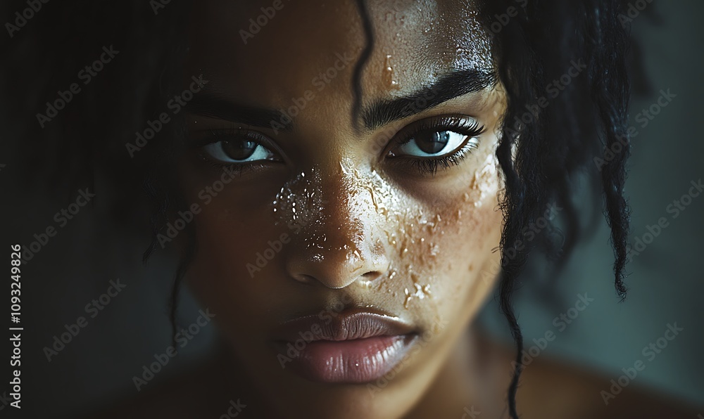Close-up portrait of a person with water droplets on their face. Close-up portrait of a person with water droplets on their face.