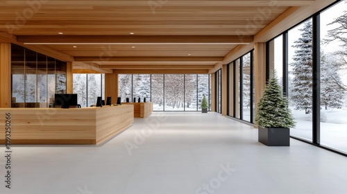Modern office interior with wood design elements and large windows showcasing a snowy winter landscape. The space features sleek workstations and minimalist decor.