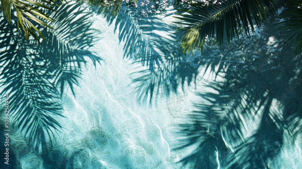 serene view of tropical leaf shadows dancing on tranquil pool surface, creating calming atmosphere. interplay of light and water enhances beauty of nature serene view of tropical leaf shadows dancing on tranquil pool surface, creating calming atmosphere. interplay of light and water enhances beauty of nature