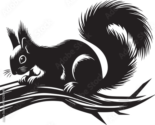 A squirrel perched lazily on a branch tail drooping silhouette vector