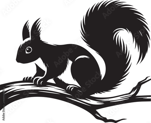 A squirrel perched lazily on a branch tail drooping silhouette vector