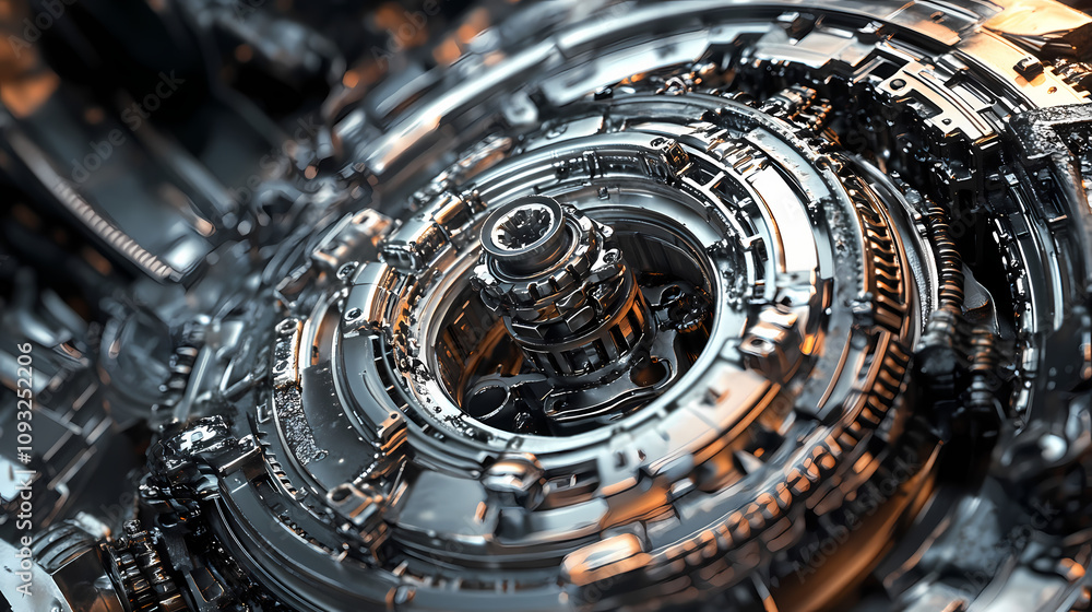 Hyper-realistic close-up of a gear mechanism, with intricate details of the metal, showing the complexity of mechanical design. Mechanical Gear Mechanism. Illustration Hyper-realistic close-up of a gear mechanism, with intricate details of the metal, showing the complexity of mechanical design. Mechanical Gear Mechanism. Illustration
