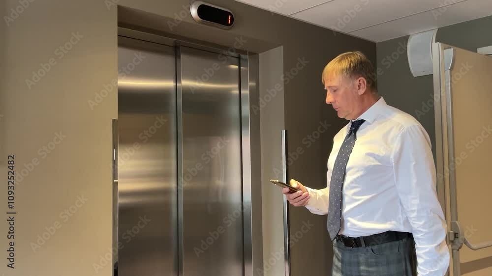 Businessman speaking on a smartphone in front of elevator in office setting during work hours Businessman speaking on a smartphone in front of elevator in office setting during work hours