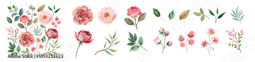 Set of watercolor elements of pink roses, collection of garden flowers, leaves, branches, eucalyptus leaves. Botanic; illustration. Wedding floral design isolated with clipping path on a transparent b