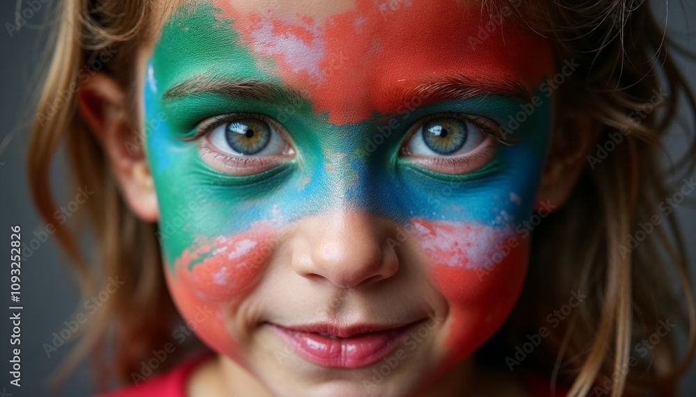 Child with colorful face paint smiling at the camera, showcasing creativity and joy Child with colorful face paint smiling at the camera, showcasing creativity and joy
