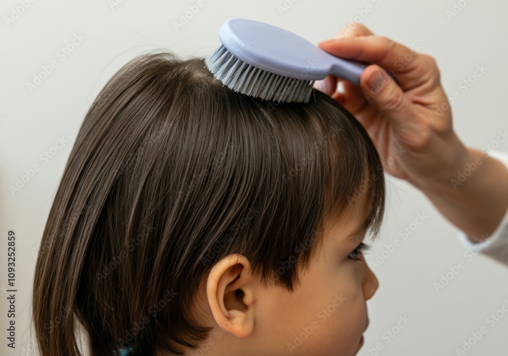 Fototapeta premium Adult gently brushing young child's hair with soft-handled brush