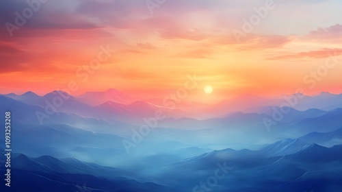 Serene Landscape of Majestic Mountains at Sunset with Vibrant Colors and Dreamy Atmosphere Illuminating the Horizon