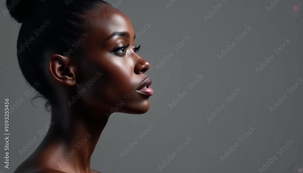 Fototapeta premium Profile portrait of young woman with serene expression on gray background for beauty concept