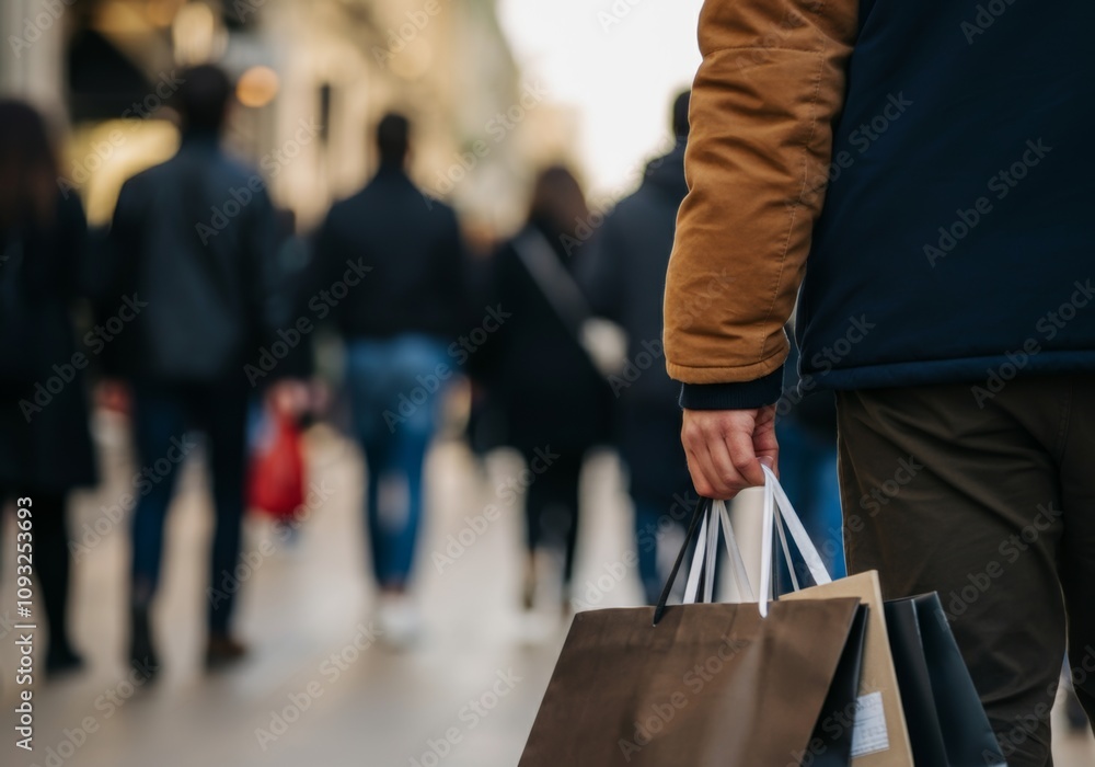 Fototapeta premium Busy urban shopping street with people walking and man holding shopping bags