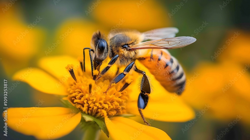 Bee on Yellow Flower Pollinating Close Up Bee on Yellow Flower Pollinating Close Up