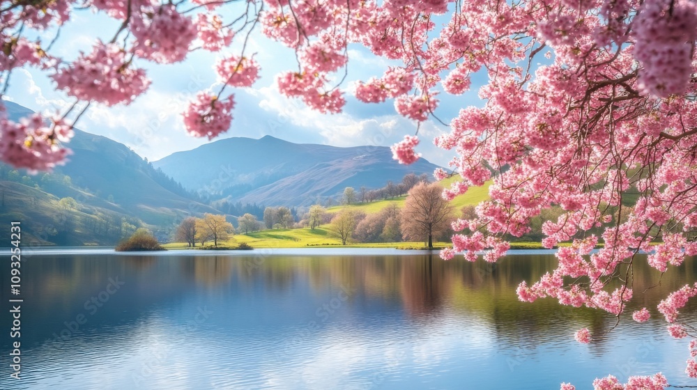 Serene Lake Reflected in Water Surrounded by Blooming Cherry Blossom Trees Against a Backdrop of Lush Green Mountains and Clear Blue Sky Serene Lake Reflected in Water Surrounded by Blooming Cherry Blossom Trees Against a Backdrop of Lush Green Mountains and Clear Blue Sky