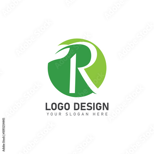 letter R logo with green leaves nature logo icon design template