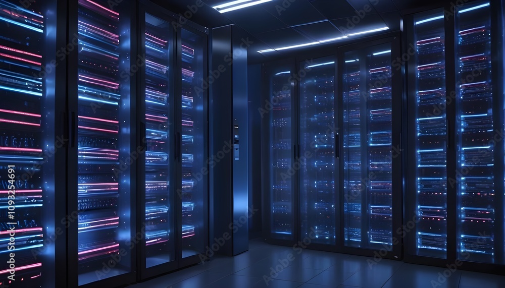 Server racks in computer network security server room data center d render dark blue Server racks in computer network security server room data center d render dark blue