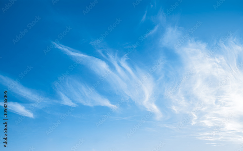 Beautiful cirrus clouds in the dark blue sky. Bright sunlight with soft clouds. Clear midday scene in the air at amazing weather Beautiful cirrus clouds in the dark blue sky. Bright sunlight with soft clouds. Clear midday scene in the air at amazing weather
