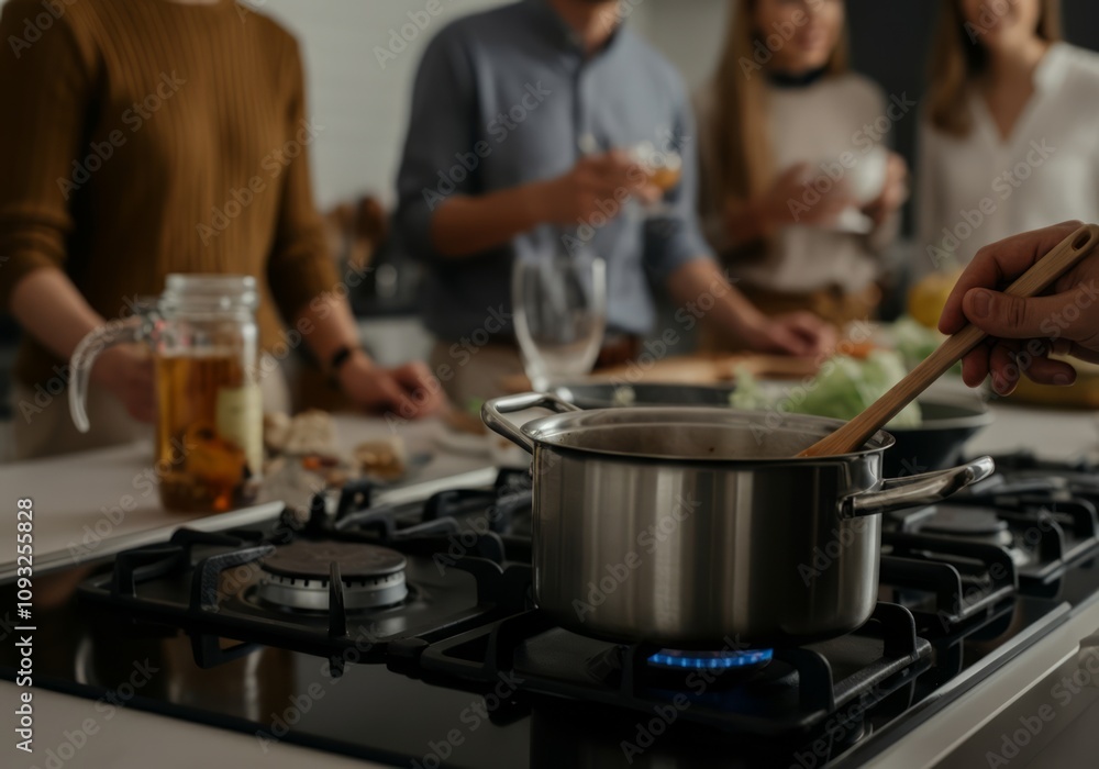 Group of friends socializing and cooking together in a modern kitchen Group of friends socializing and cooking together in a modern kitchen