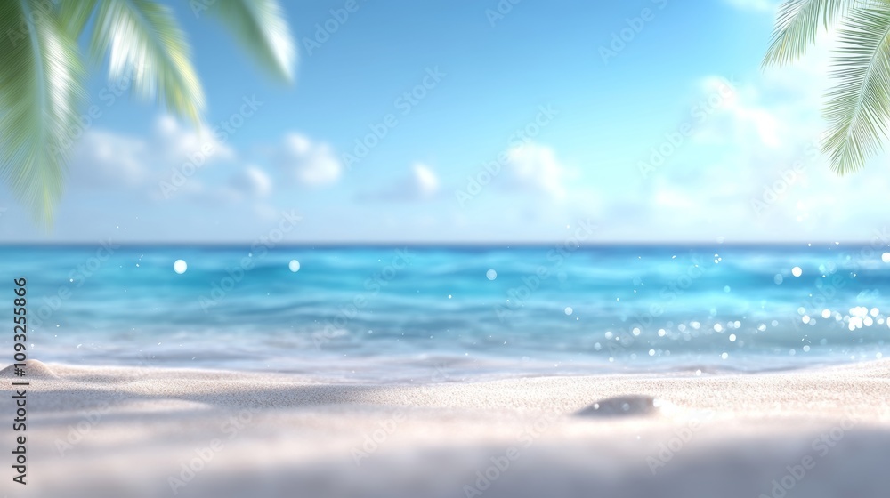 Fototapeta premium Serene Coastal View with Gentle Waves and Soft Sand Under Vibrant Blue Sky Framed by Lush Green Palm Leaves Creating a Tropical Paradise Atmosphere