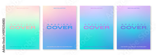 Set of universal cover templates with multicolor gradient backgrounds with soft transitions. For brochures, booklets, catalogs, posters, branding, social media, business cards. Just add your text.