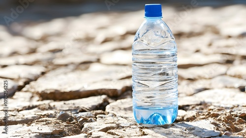 Dry riverbed with a lone water bottle, symbolizing drought. 