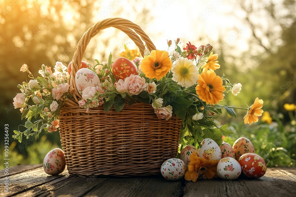 A wicker Easter basket filled with hand-painted floral eggs and fresh spring flowers, set outdoors on a wooden surface in warm, golden sunlight A wicker Easter basket filled with hand-painted floral eggs and fresh spring flowers, set outdoors on a wooden surface in warm, golden sunlight