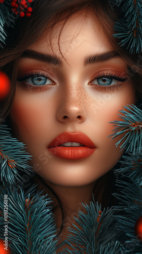 Beautiful woman, cosmetology, beauty, festive makeup, Merry Christmas and Happy New Year, banner with copy space