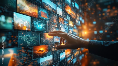 Hand interacting with a digital screen displaying various images and data.