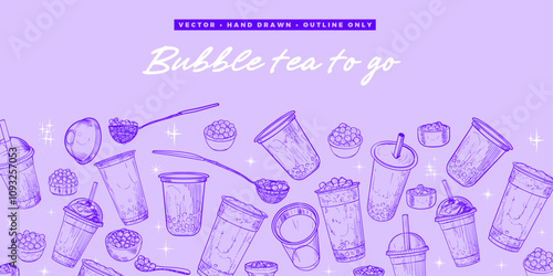 Vector hand drawn bubble teas with Boba word in the middle. Landscape banner design with milk tea in plastic to-go cups. Beverages with straws and jelly. Warm outline only illustration with drinks.