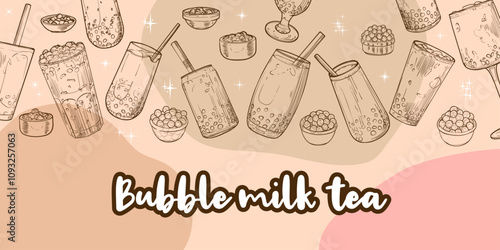 Vector hand drawn bubble teas with Boba word in the middle. Landscape banner design with milk tea in glasses. Beverages with straws and jelly. Warm outline only illustration with drinks.