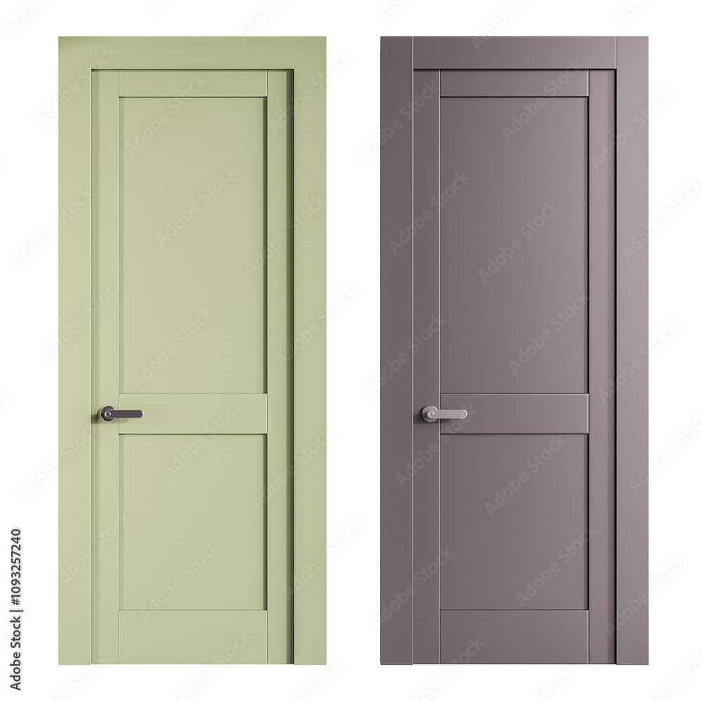 Two doors, one green and one gray, are shown side by side Two doors, one green and one gray, are shown side by side