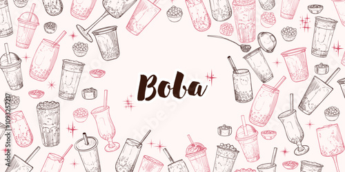 Vector hand drawn bubble teas with Boba word in the middle. Landscape banner design with milk tea in glasses or plastic to-go cups. Beverages with straws. Warm outline only illustration with drinks.