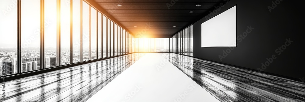 Sunlit modern office space with floor-to-ceiling windows offering a panoramic city view. Sleek, minimalist design with dark walls and polished wooden floors. Sunlit modern office space with floor-to-ceiling windows offering a panoramic city view. Sleek, minimalist design with dark walls and polished wooden floors.