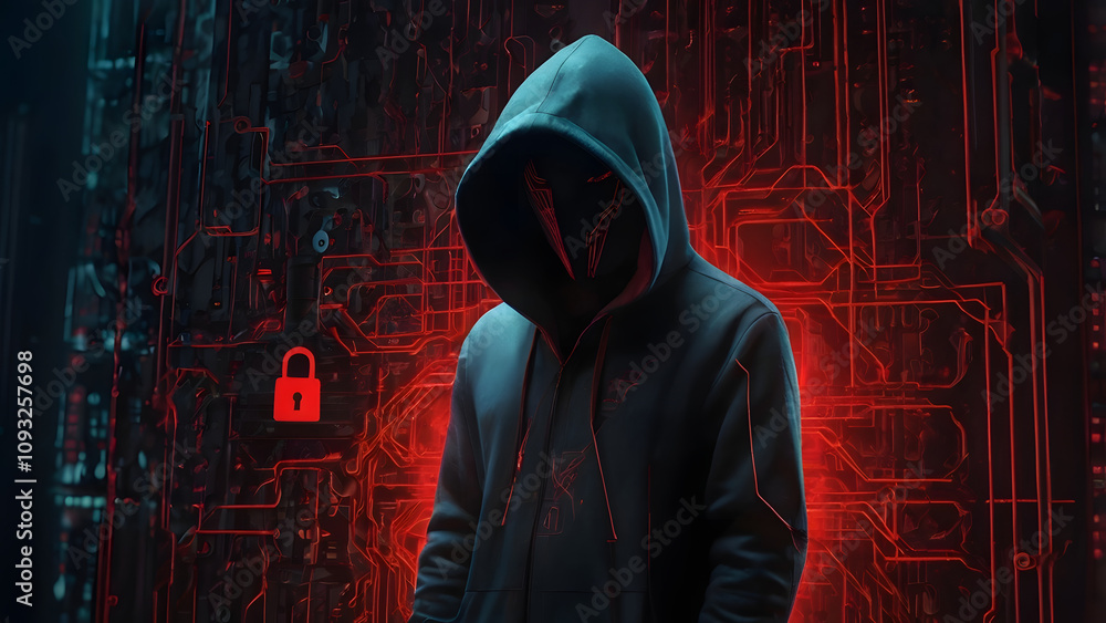 A man in a hoodie is wearing a mask and standing in front of a computer screen. Concept of danger and fear, as the man is wearing a mask and he is in a dark, ominous setting A man in a hoodie is wearing a mask and standing in front of a computer screen. Concept of danger and fear, as the man is wearing a mask and he is in a dark, ominous setting