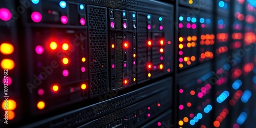 Colorful LED lights illuminate server racks in a high-tech data center environment showcasing efficient technology at work