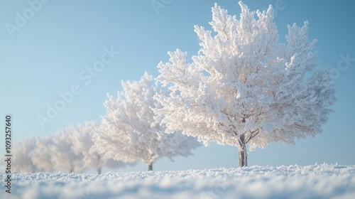 A serene winter landscape featuring frosted trees against a clear blue sky.