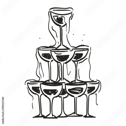 Pyramid or tower of glasses with champagne or sparkling wine. Hand drawing black color doodle vector art illustration for wedding or birthday invitation or greeting card. Simple line vintage style.