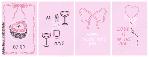 Valentines day greeting or invitation cards in coquette or french style. Placards, poster or banner with doodle simple line art style on pink background. Hand drawn chalk food and wine illustrations.