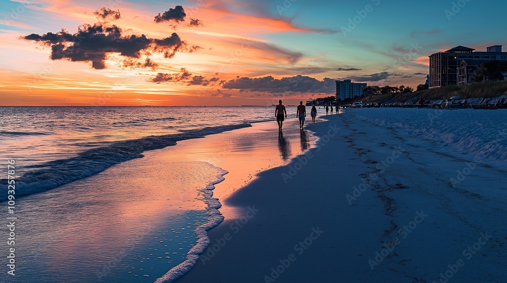 Naklejka premium Beach Walk at Sunset, Coastal Florida Vacation Paradise
